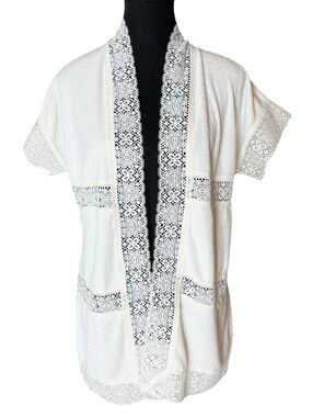 Vintage Boho Hippy Terri-cloth Lace Short Sleeve Cardigan Ivory Small Medium